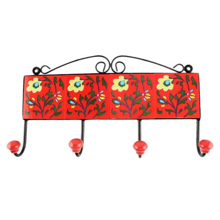 Red With Forest Green Leaf Flower Ceramic Tile Hook